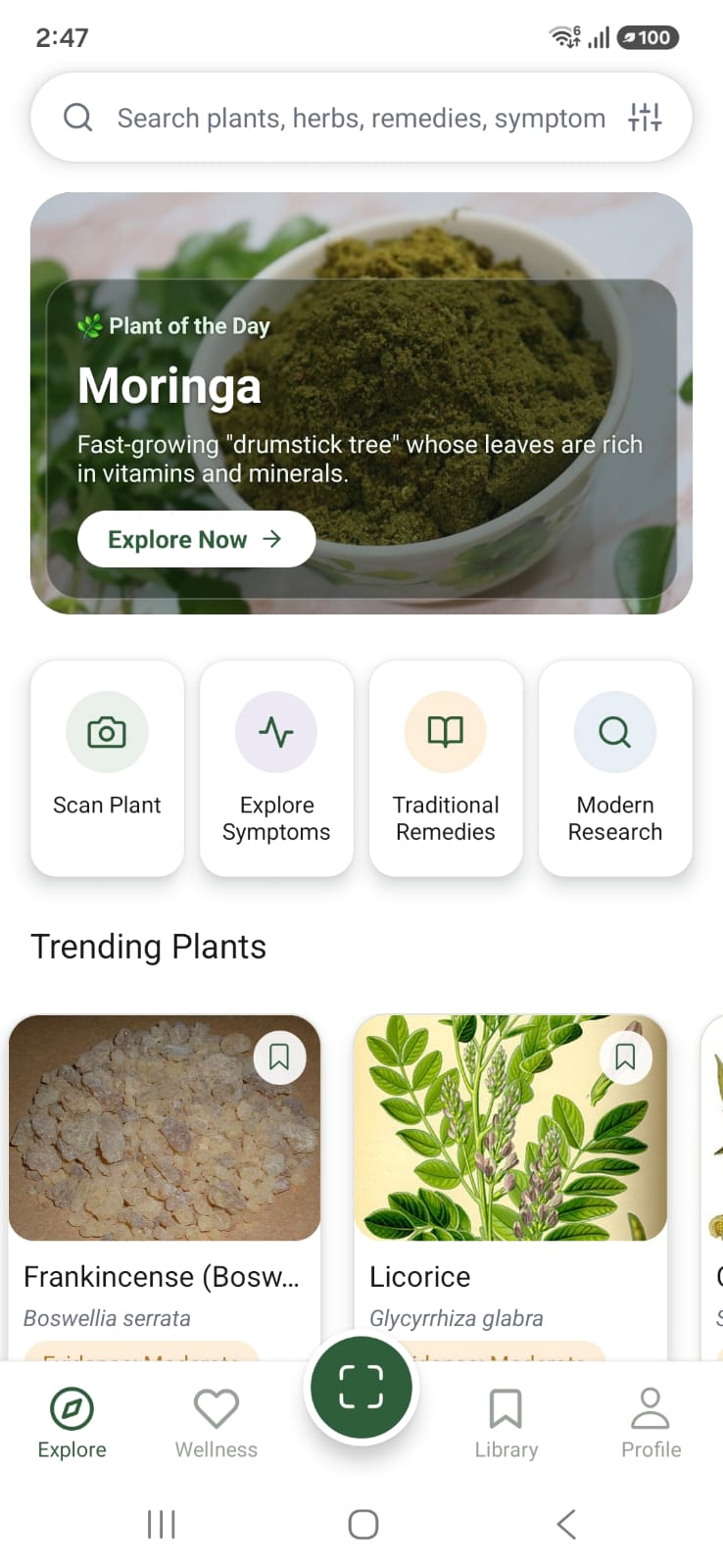 Explore tab: plant of the day, quick actions and trending plants with evidence ratings