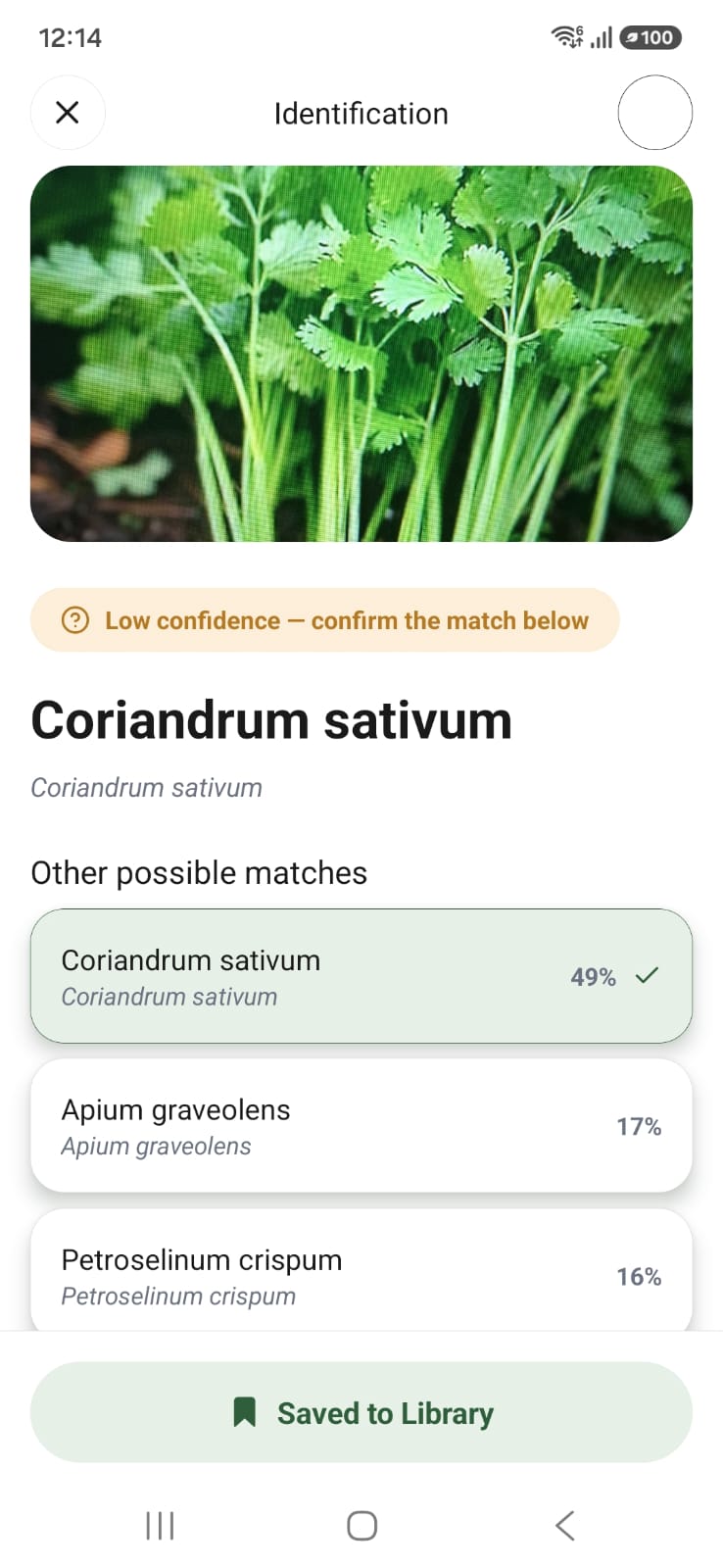 Identification result with a low-confidence warning and other possible matches