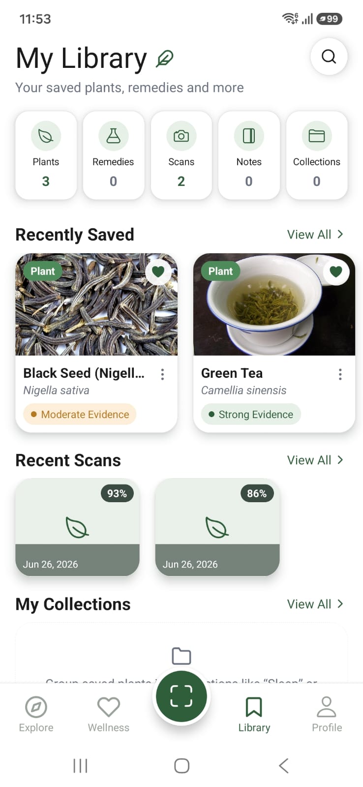 Library of saved plants with evidence badges and recent scans