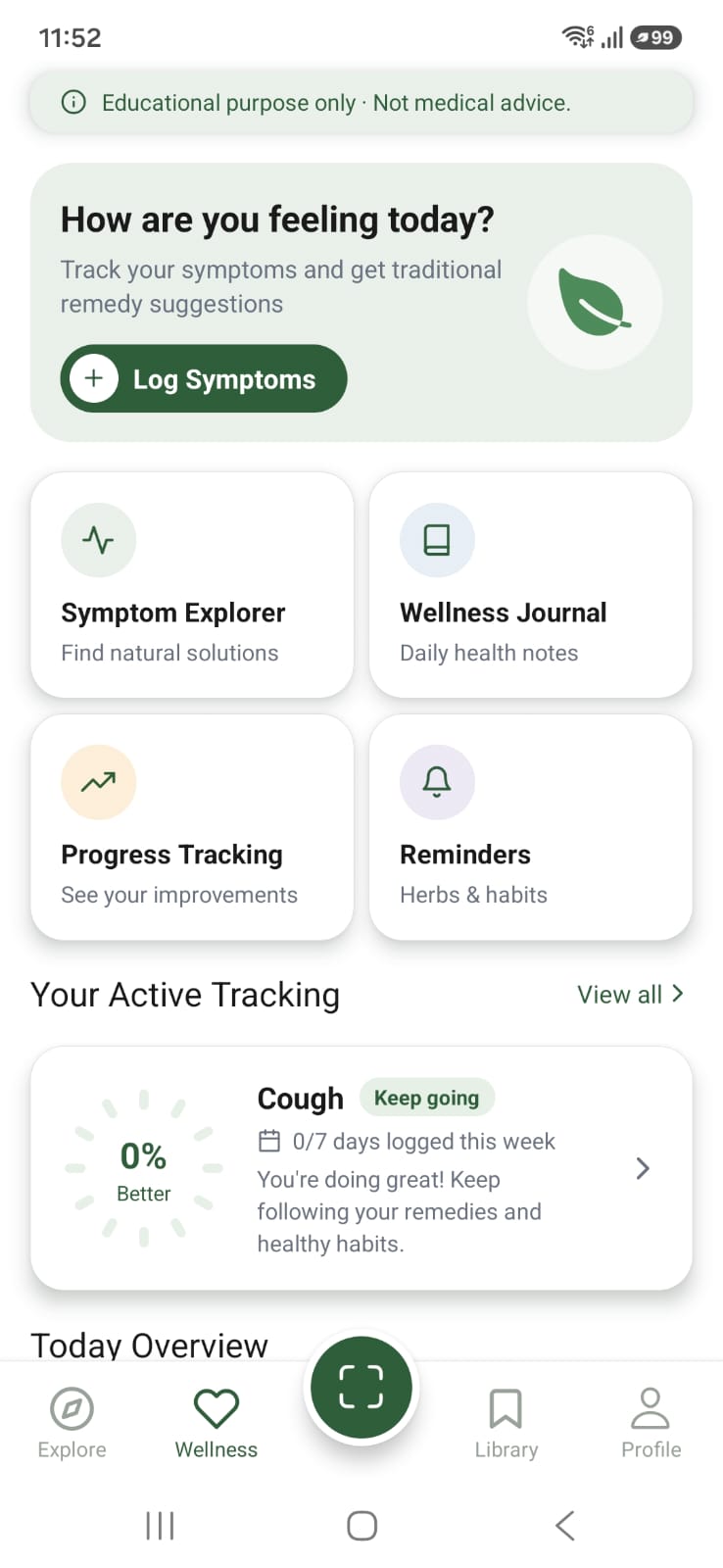 Wellness tab with symptom logging, journal, progress tracking and reminders